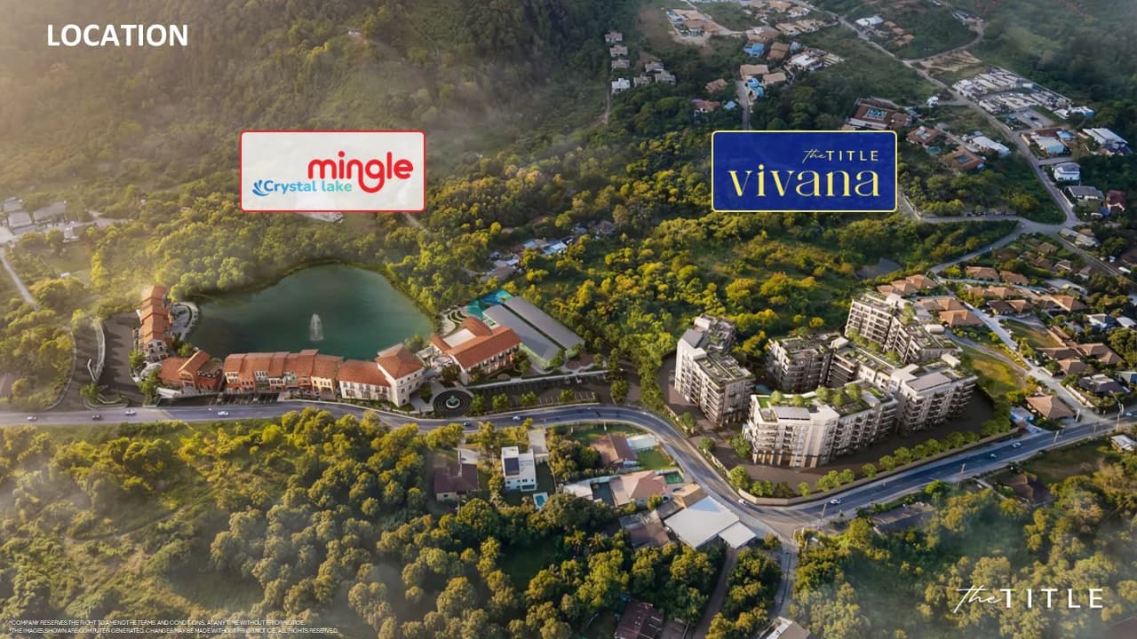 Aerial view: the Vivana buildings on the right next to the Mingle Crystal Lake village and its lake, forest all around