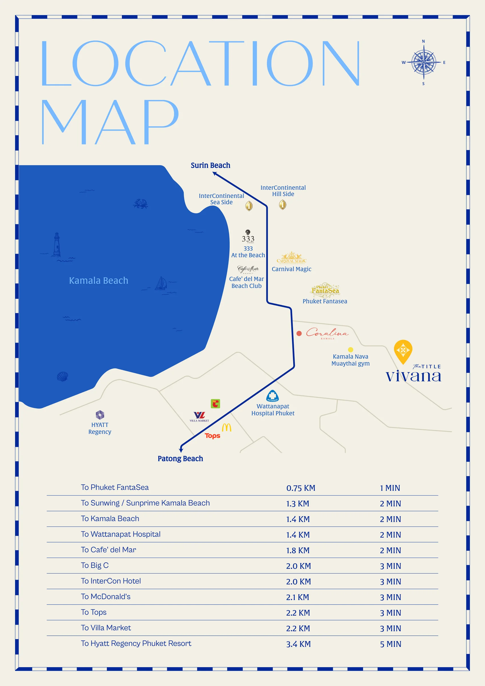 Kamala location map: Kamala Beach, Phuket FantaSea, Café del Mar, Wattanapat Hospital, the hotels and Vivana, with driving distances
