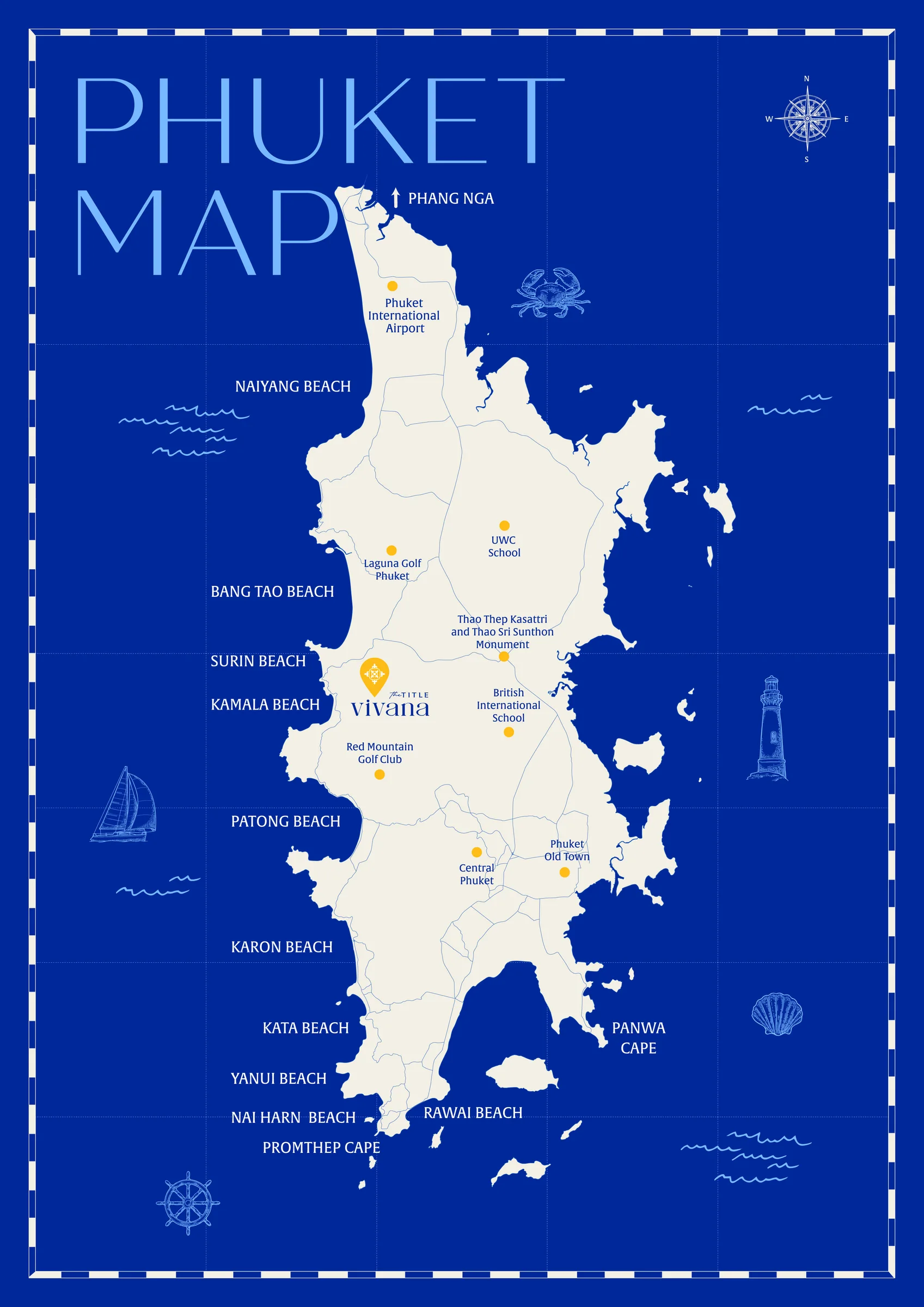 Phuket island map with Vivana on the west coast at Kamala, between Surin and Patong