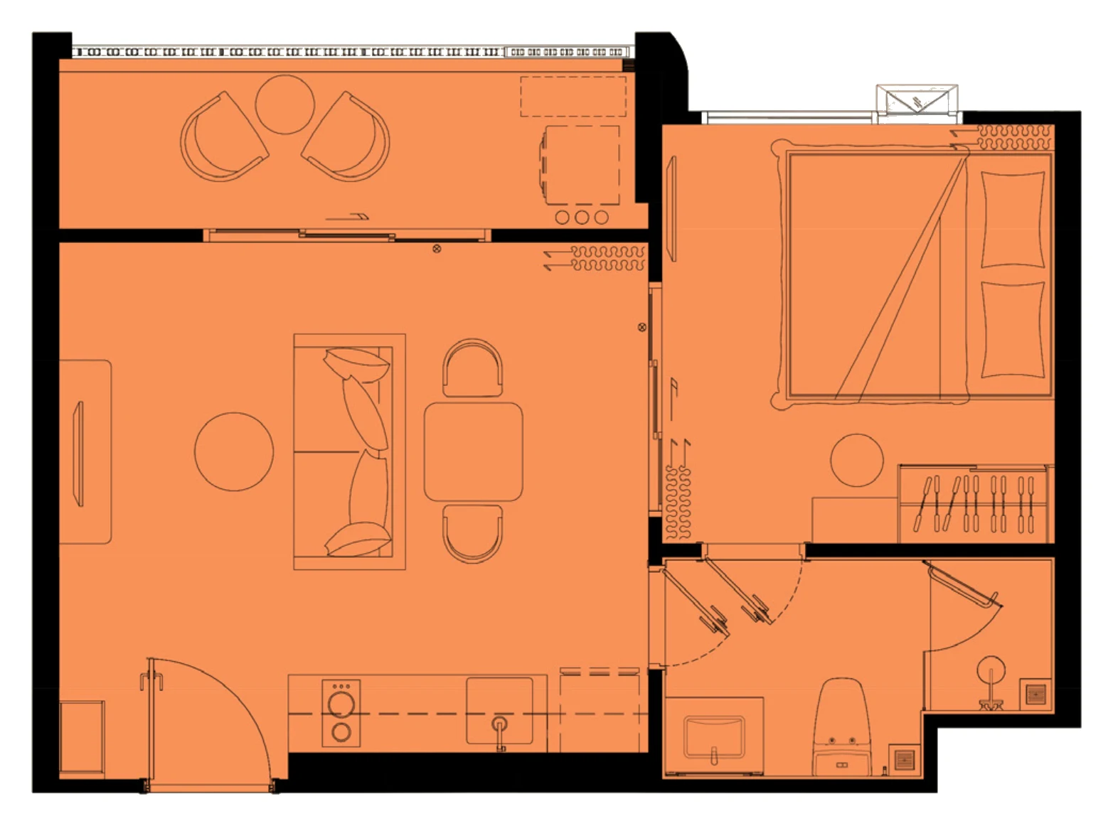 Plan of the 1 Bedroom L, type L1, 40.5 m²