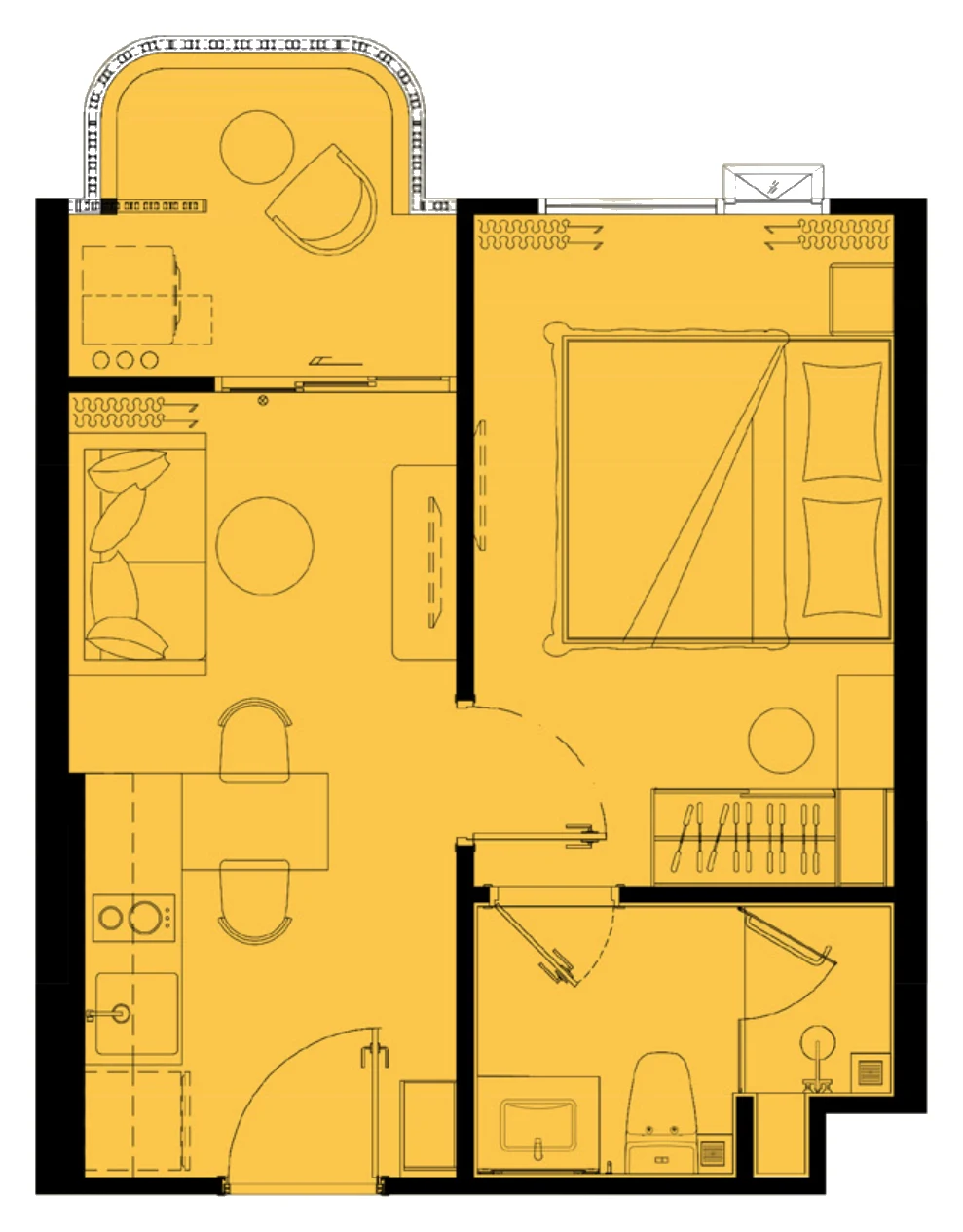 Plan of the 1 Bedroom M, type M1, 33 m²
