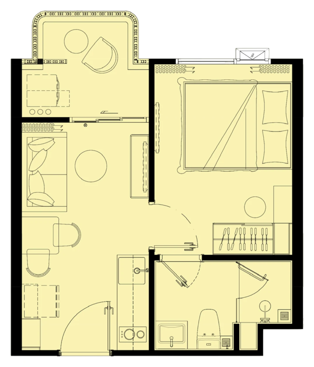 Plan of the 1 Bedroom S, 30 m²: bedroom, living room with the kitchen line, bathroom and balcony