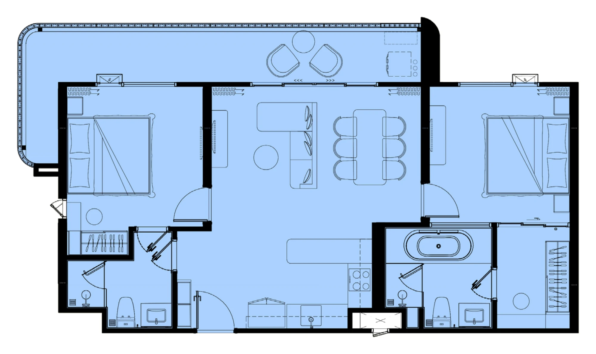 Plan of the 2 Bedroom L, 89 m² (LA 100 m²)