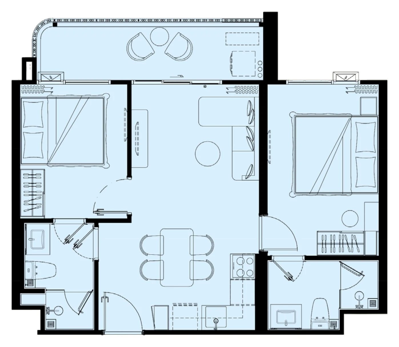 Plan of the 2 Bedroom M, type M1, 60 m²