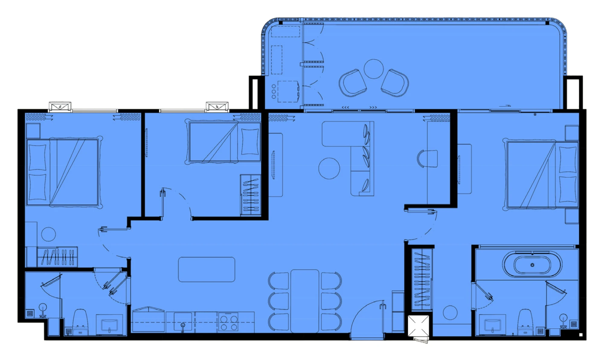 Plan of the 2 Bedroom XL, 120.5 m² (XLA 128.5 m²)