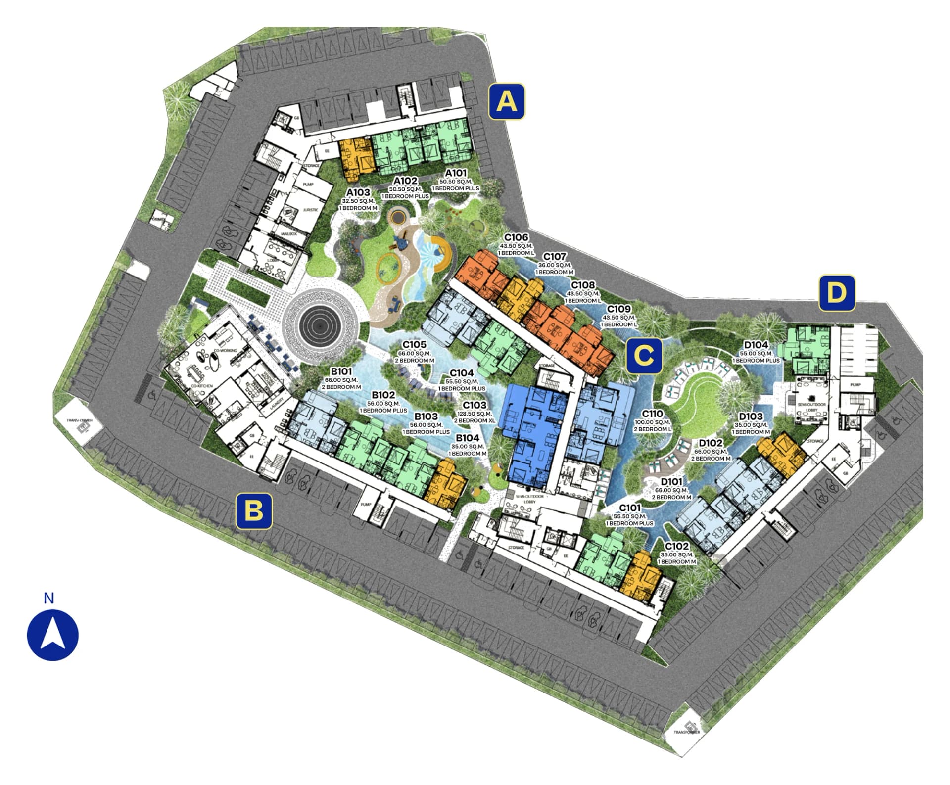 Master plan, 1st floor: Buildings A, B, C and D around the pools, every home labelled with its type and area