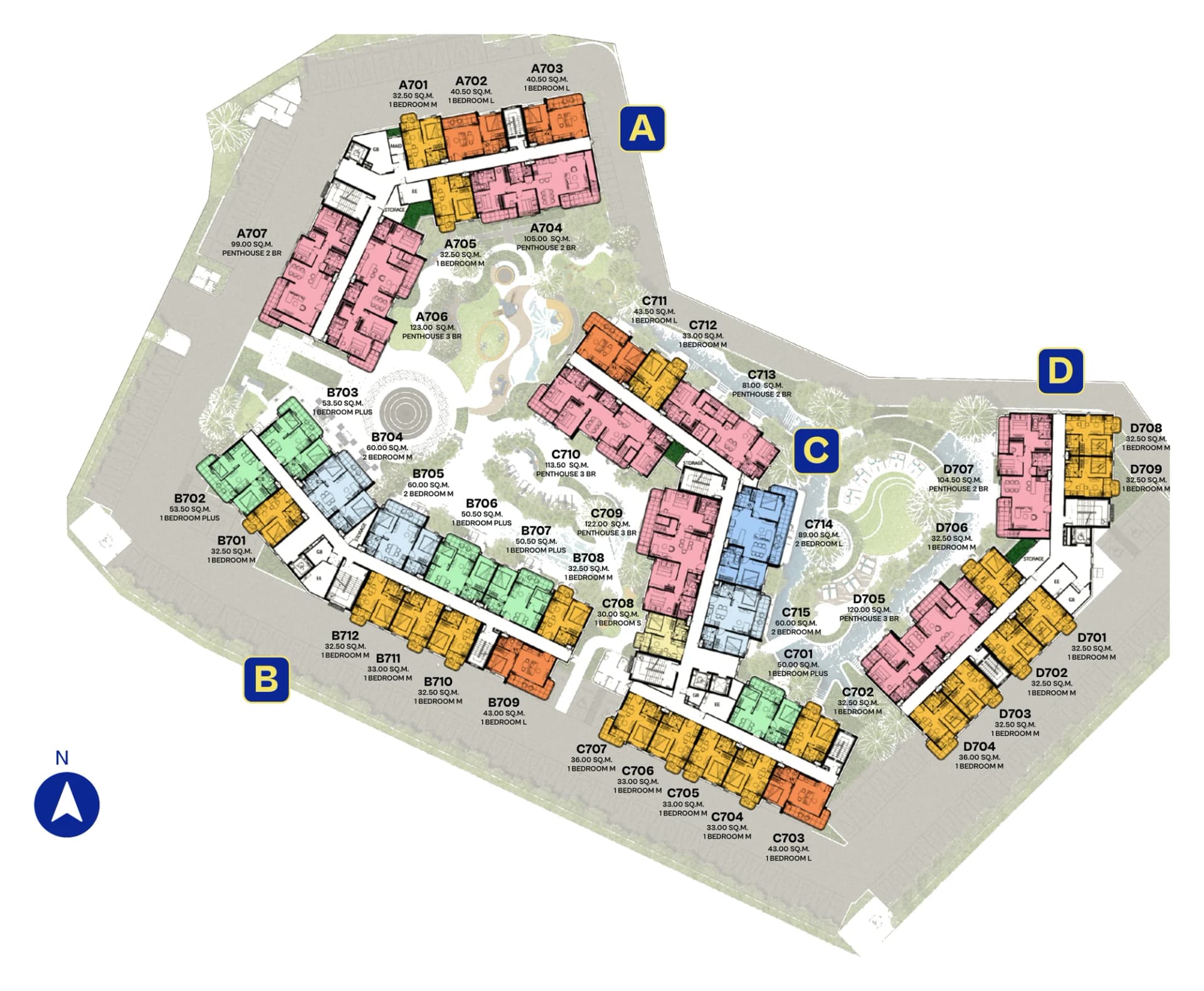 Master plan, 7th floor: the penthouses with rooftop terraces in pink
