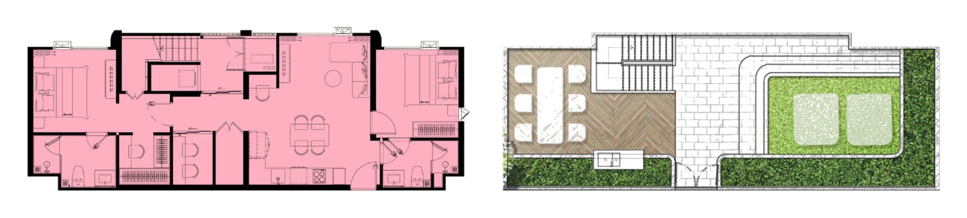 Penthouse 2 Bedroom 01, 81 m²: the 7th-floor home on the left, its private rooftop terrace on the right