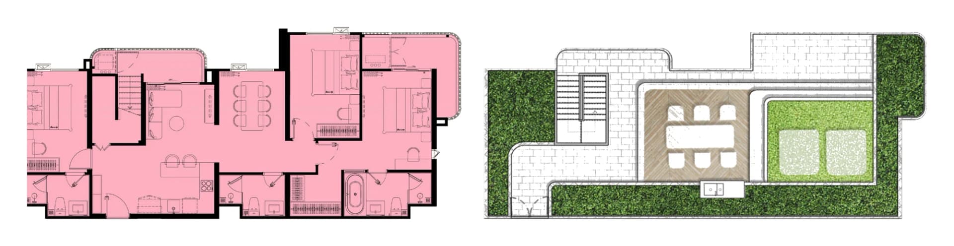 Penthouse 3 Bedroom 05, 113.5 m²: the home on the left, its private rooftop terrace on the right