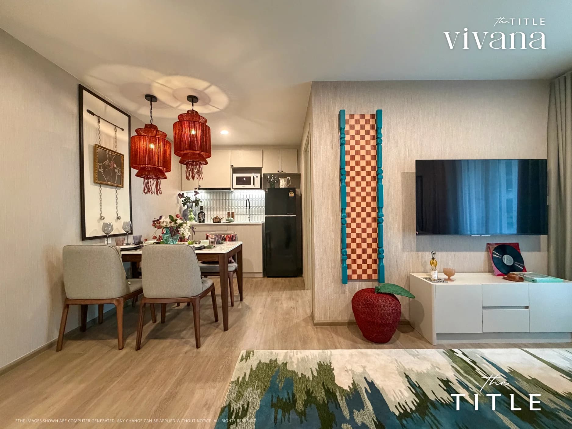 1 Bedroom Plus show unit, 51 m²: dining table under red lanterns, the TV wall and a blue-green rug